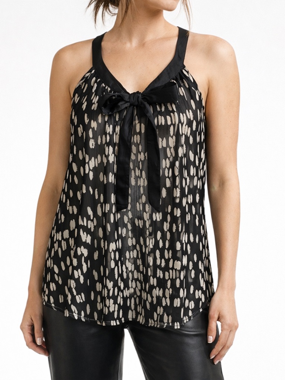 Collection Sheer Tunic Top Racer Back A-Line Polka Dot Boho Chic Ivory Black L